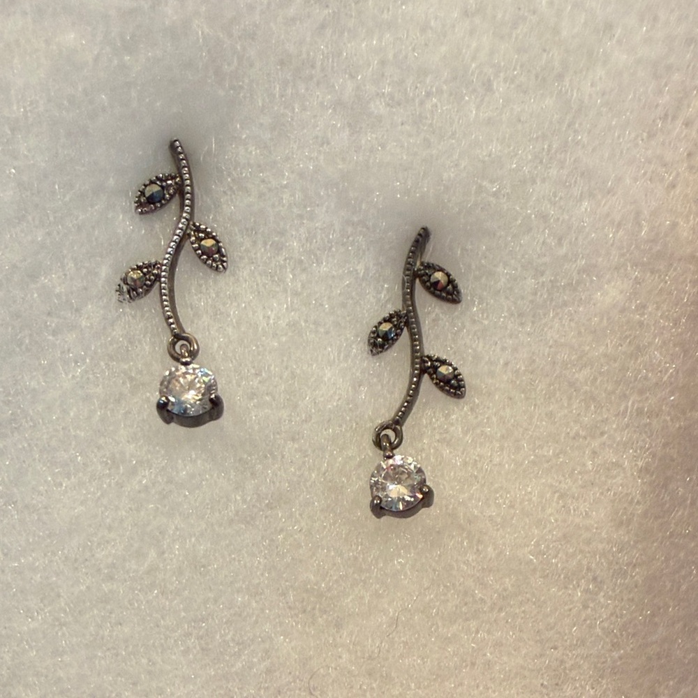 Silpada Silver Leaf Drop Earrings with Clear Stones